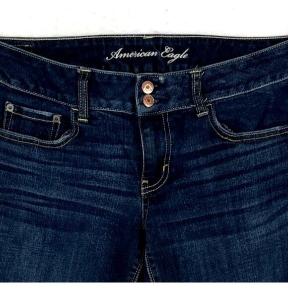American Eagle Jeans Womens SZ12 Long DK blue Low Rise Bootcut Distressed 33x37 - Picture 5 of 9